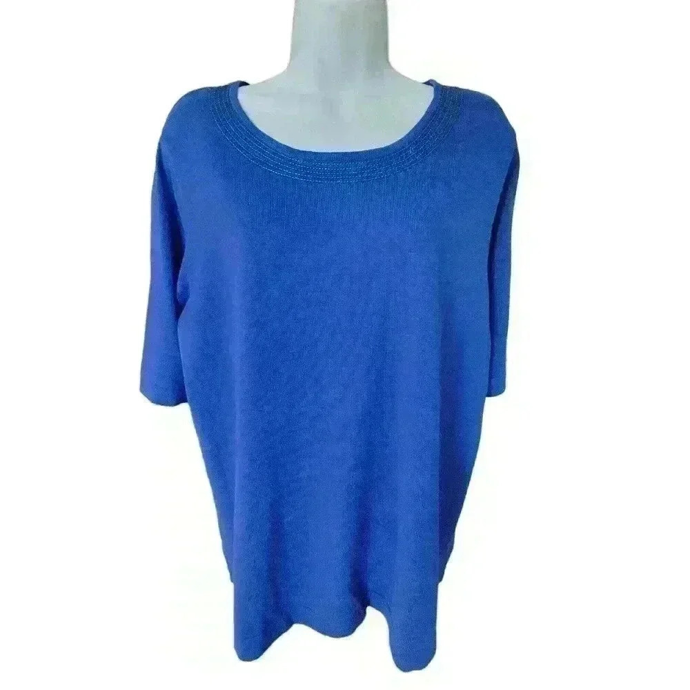 Quacker Factory Blue Knit Sweater Top w/Sequin Neckline, Short Sleeve Size XL